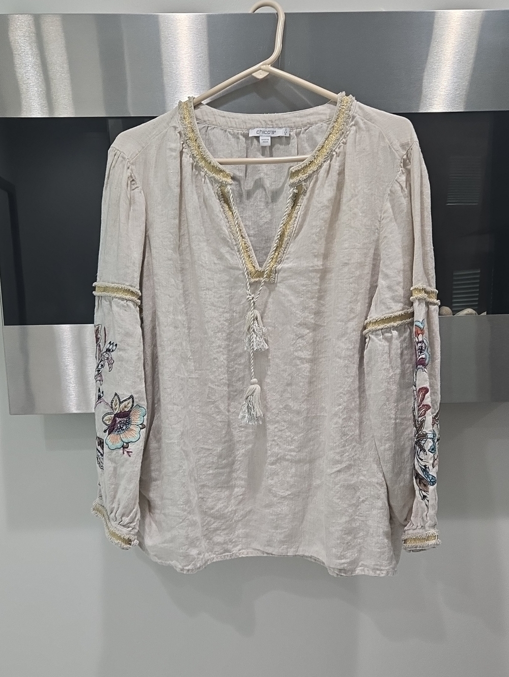 Chico's Cream Embroidered Tassel Peasant Tunic